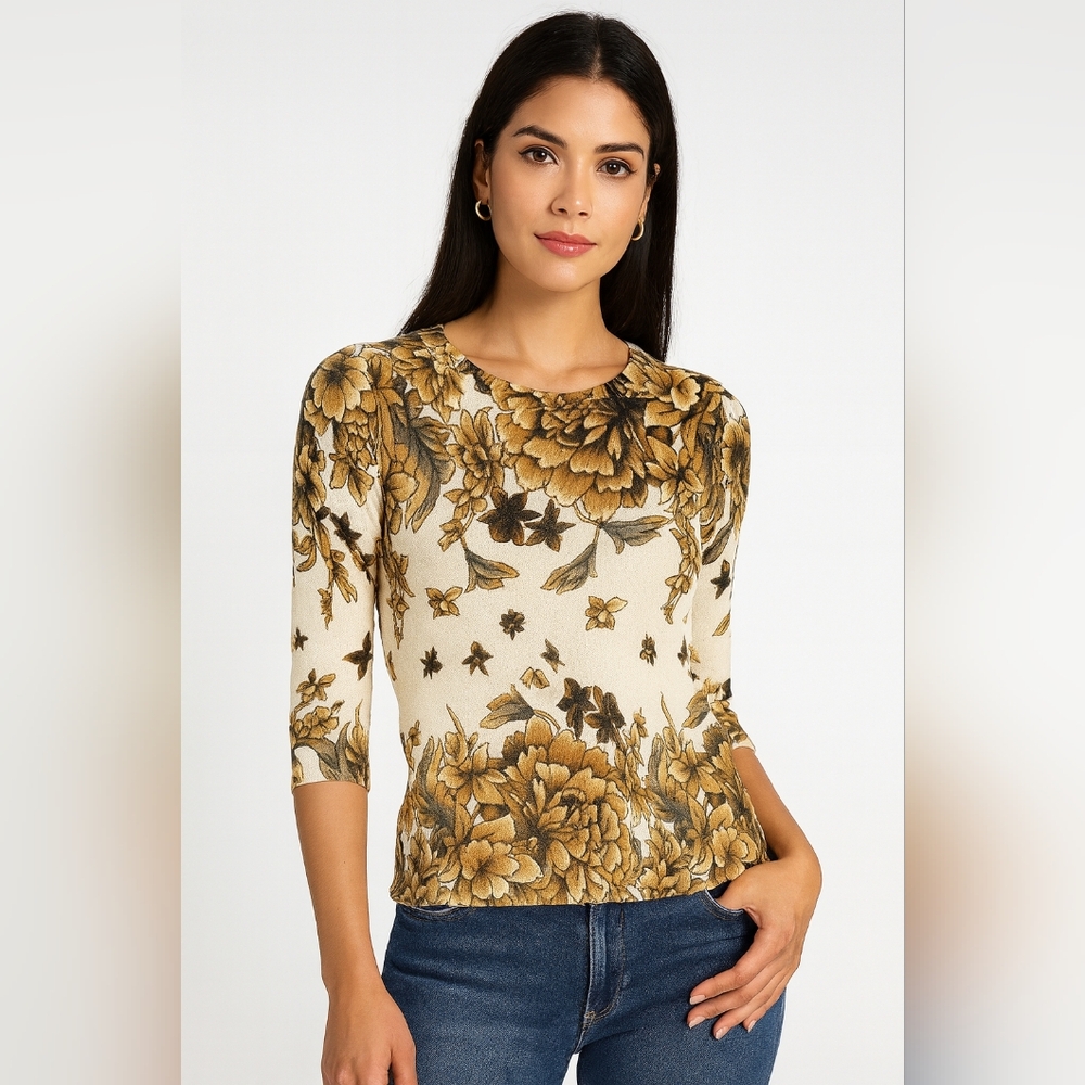 Rebecca Malone New Floral Print Women's Sweater Cream and Brown Size Small‎ Fall